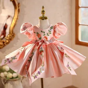 Chic Beautiful Blushing Pink Embroidered Bow Birthday Short Flower Girl Dresses 2026 Ball Gown Scoop Neck Puffy Short Sleeve
