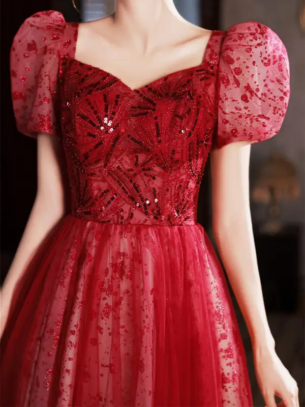 Chic / Belle Bordeaux Paillettes Robe De Soirée 2022 Princesse Encolure Carrée Gonflée Manches Courtes Dos Nu Longue Soirée Robe De Ceremonie