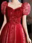 Chic / Belle Bordeaux Paillettes Robe De Soirée 2022 Princesse Encolure Carrée Gonflée Manches Courtes Dos Nu Longue Soirée Robe De Ceremonie
