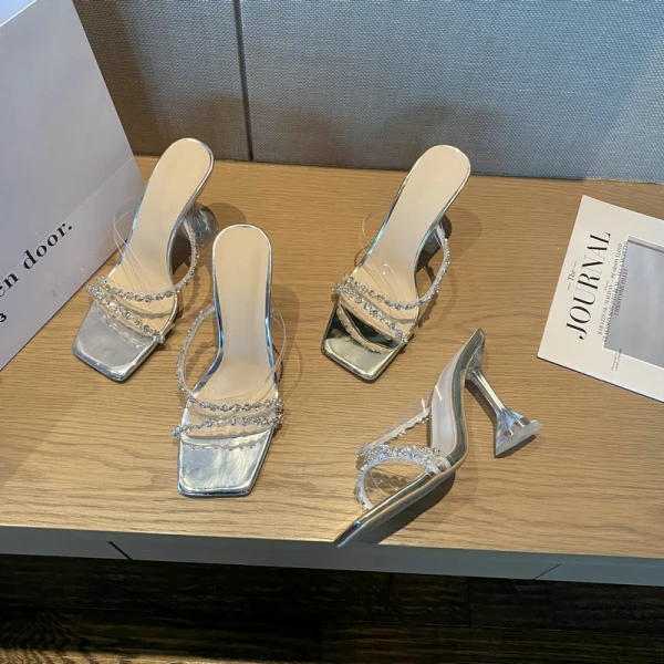 Sexy Silver Rhinestone Evening Party Womens Sandals 2022 9 cm Stiletto Heels Pointed Toe Sandals High Heels