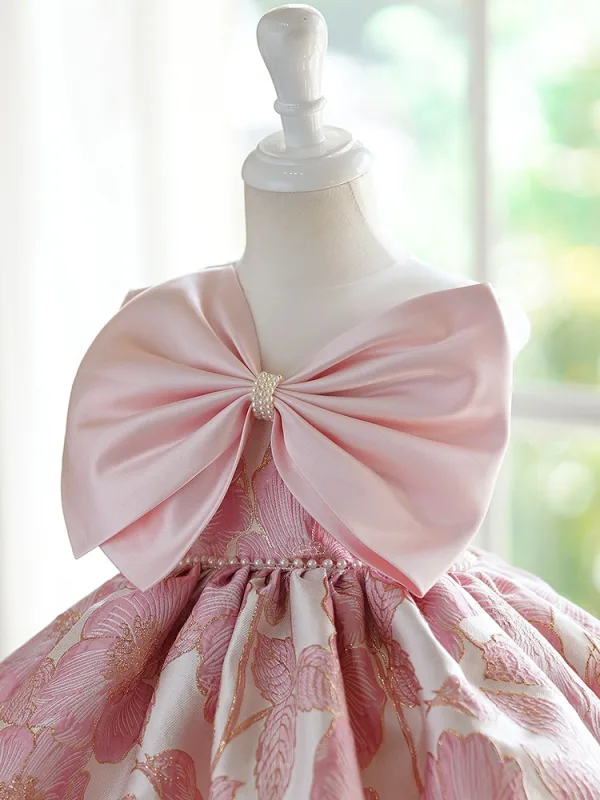 Lovely Blushing Pink Pearl Printing Short Birthday Flower Girl Dresses 2024 Ball Gown Scoop Neck Bow Sleeveless