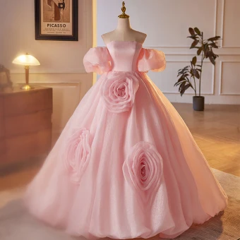Lovely Candy Pink Appliques Prom Dresses 2023 Ball Gown Off The Shoulder Puffy Short Sleeve Backless Floor Length Long Prom Formal Dresses