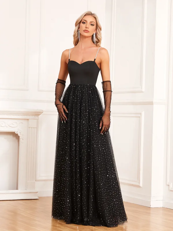 Charmant Noire Paillettes Robe De Soirée 2024 Princesse Bretelles Spaghetti Sans Manches Dos Nu Longue Soirée Robe De Ceremonie
