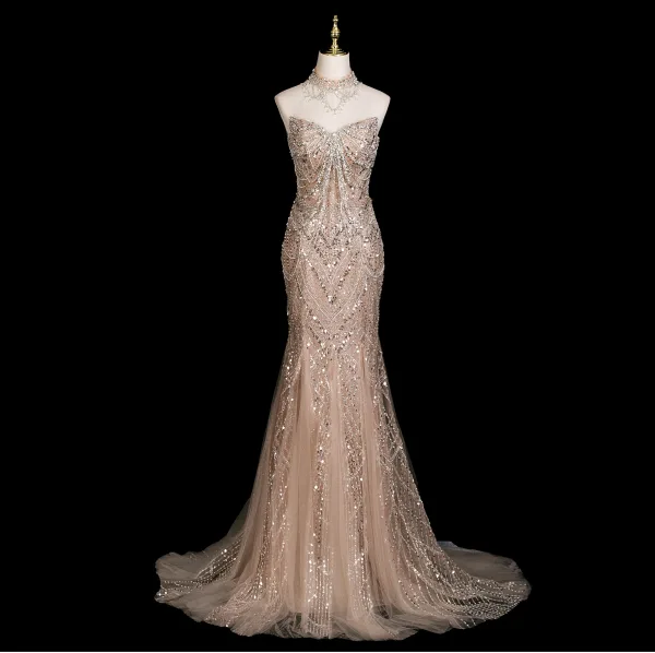 Luxe Scintillantes Champagne Perlage Faux Diamant Paillettes Robe De Soirée 2025 Trompette / Sirène Bustier Sans Manches Dos Nu Train De Balayage Soirée Robe De Ceremonie