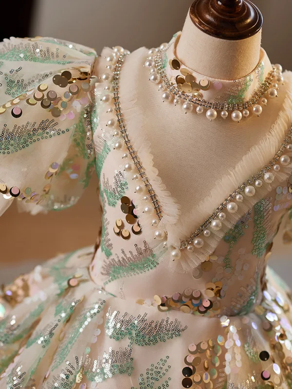 Bling Bling Champagne Beading Pearl Rhinestone Sequins Birthday Flower Girl Dresses 2024 Ball Gown High Neck Puffy Short Sleeve Floor-Length / Long