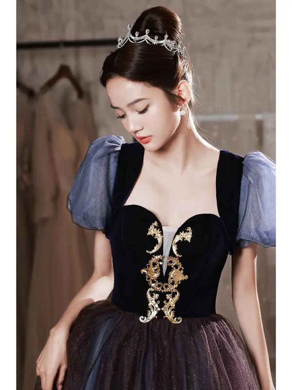Chic / Beautiful Gradient-Color Purple Glitter Prom Dresses 2022 A-Line / Princess Square Neckline Puffy Short Sleeve Backless Bow Floor-Length / Long Prom Formal Dresses