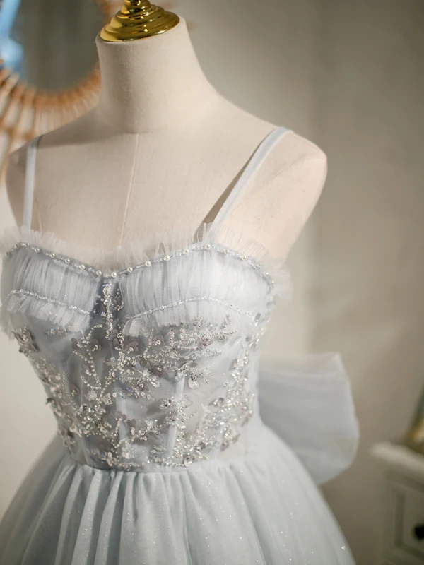 Fashion Grey Birthday Party Dresses 2022 A-Line / Princess Spaghetti Straps Beading Pearl Sequins Sleeveless Backless Bow Floor-Length / Long Cocktail Party Formal Dresses