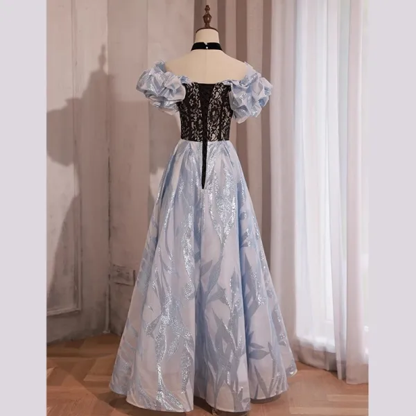 Fashion Sky Blue Glitter Rhinestone Prom Dresses 2023 A-Line / Princess Off-The-Shoulder Bow Short Sleeve Backless Floor-Length / Long Prom Formal Dresses