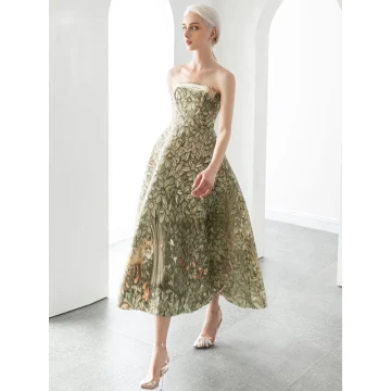 Fashion Clover Green Floral Prom Dresses 2022 A Line Princess Strapless Sleeveless Backless Tea Length Prom Formal Dresses
