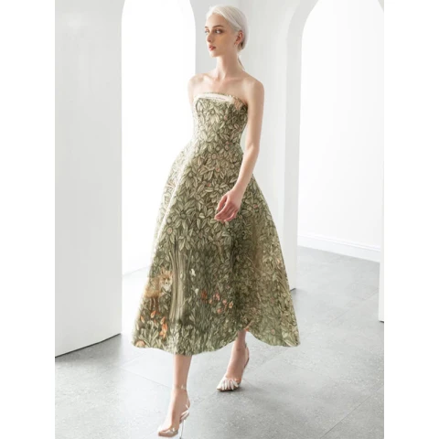 Fashion Clover Green Floral Prom Dresses 2022 A-Line / Princess Strapless Sleeveless Backless Tea-length Prom Formal Dresses