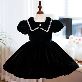 Chic Beautiful Black Suede Birthday Flower Girl Dresses 2022 Ball Gown Scoop Neck Puffy Short Sleeve Pearl Floor Length Long Flower Girl Dresses