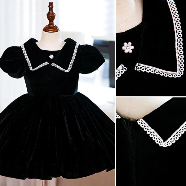Chic / Beautiful Black Suede Birthday Flower Girl Dresses 2022 Ball Gown Scoop Neck Puffy Short Sleeve Pearl Floor-Length / Long Flower Girl Dresses