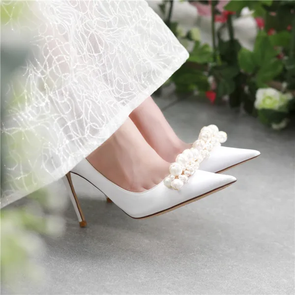 Schöne Weiß Perle Brautschuhe 2024 Leder 10 cm Stilettos Spitzschuh Hochzeit Pumps Hochhackige