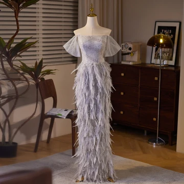 Charming Lavender Sequins Feather Evening Dresses 2024 Trumpet Mermaid Off The Shoulder Short Sleeve Backless Floor Length Long Evening Party Formal Dresses