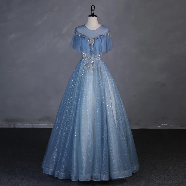 Fashion Sky Blue Glitter Beading Star Sequins Prom Dresses 2023 Ball Gown Scoop Neck Short Sleeve Backless Floor-Length / Long Prom Formal Dresses