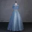 Fashion Sky Blue Glitter Beading Star Sequins Prom Dresses 2023 Ball Gown Scoop Neck Short Sleeve Backless Floor-Length / Long Prom Formal Dresses