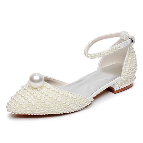Chic / Belle Blanche Perle Bride Cheville Plate Chaussure De Mariée 2024 À Bout Pointu Mariage Talons