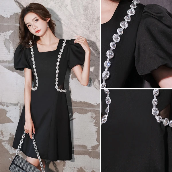 Audrey Hepburn Style Black Rhinestone Evening Dresses Party Dresses 2022 A-Line / Princess Square Neckline Puffy Short Sleeve Knee-Length Evening Party Formal Dresses