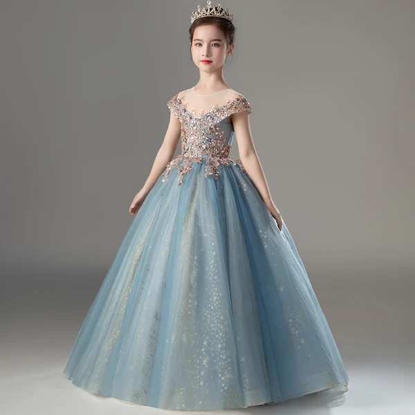Fashion Sky Blue Beading Sequins Flower Girl Dresses 2022 Birthday Ball Gown Scoop Neck Sleeveless Backless Floor-Length / Long