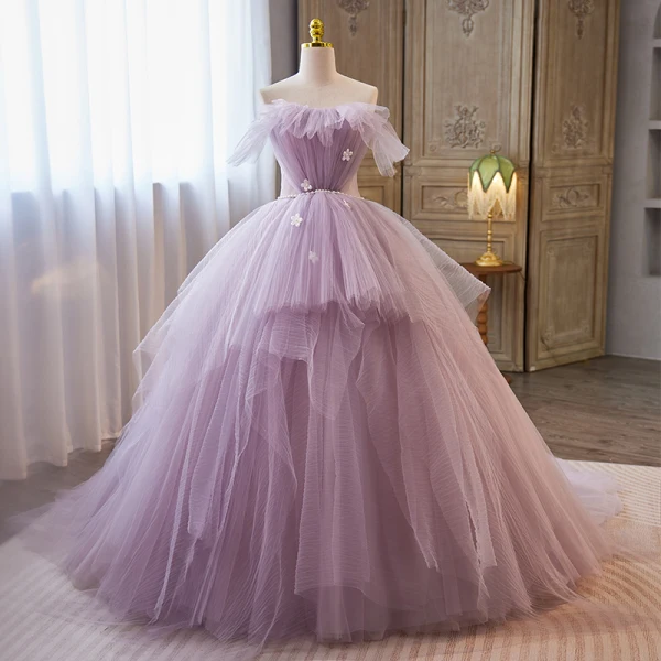 Elegant Lavender Cascading Ruffles Appliques Prom Dresses 2023 Ball Gown  Off-The-Shoulder Sleeveless Pearl Backless Sash Sweep Train Prom Formal ...