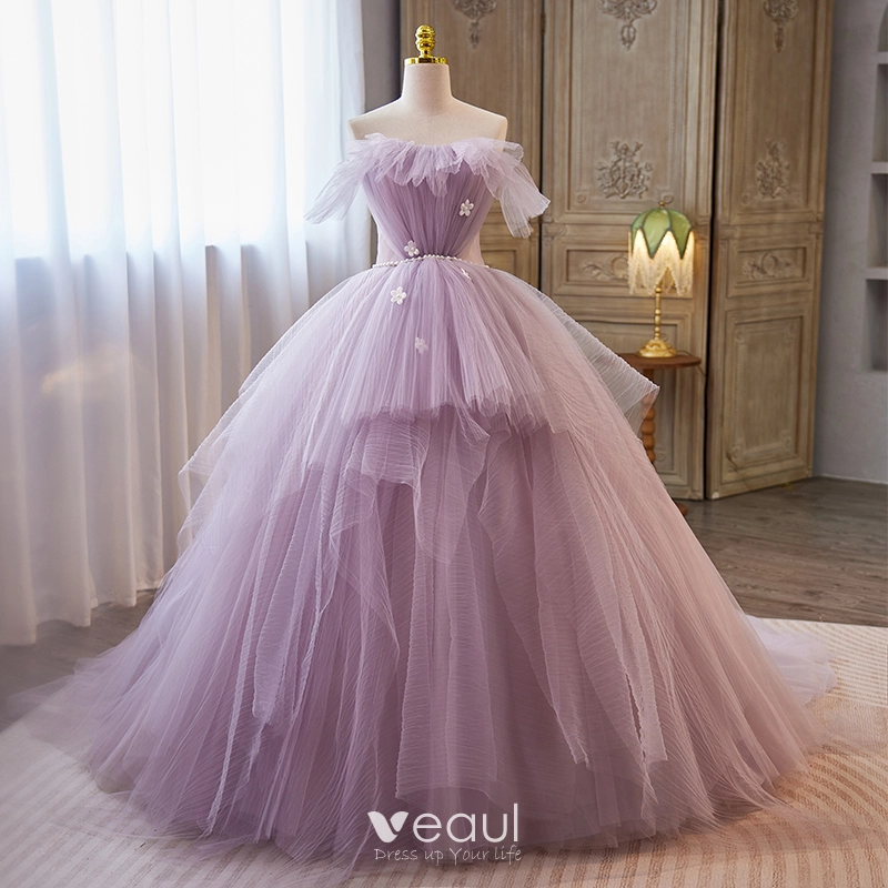 Elegant Lavender Cascading Ruffles Appliques Prom Dresses 2023 Ball Gown  Off-The-Shoulder Sleeveless Pearl Backless Sash Sweep Train Prom Formal  Dresses