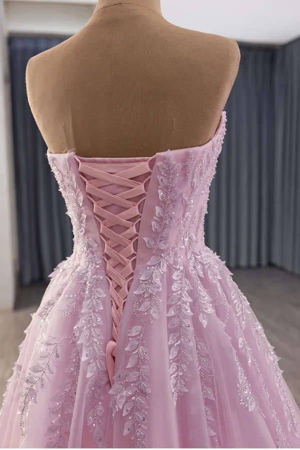 High-end Blushing Pink Appliques Beading Pearl Prom Dresses 2025 A-Line / Princess Strapless Sleeveless Backless Sweep Train Prom Formal Dresses