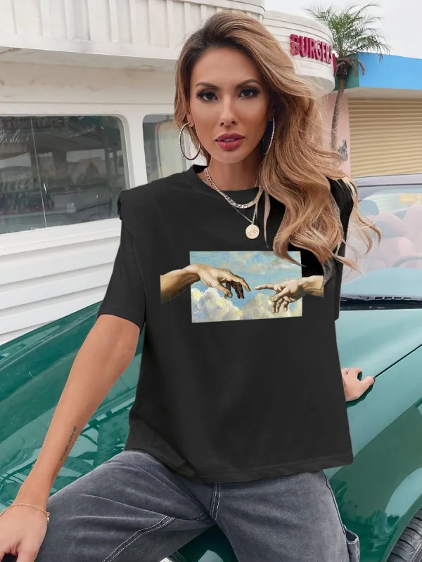 Casual Women Tops Black Printing T-Shirts 2021 Scoop Neck 1/2 Sleeves Loose Cotton Summer Tee