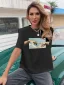 Casual Women Tops Black Printing T-Shirts 2021 Scoop Neck 1/2 Sleeves Loose Cotton Summer Tee