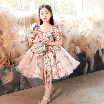 Chic Beautiful Beige 3d Lace Prom Flower Girl Dresses 2022 Ball Gown Pearl Rhinestone Square Neckline Puffy Short Sleeve Backless Floor Length Long Flower Girl Dresses