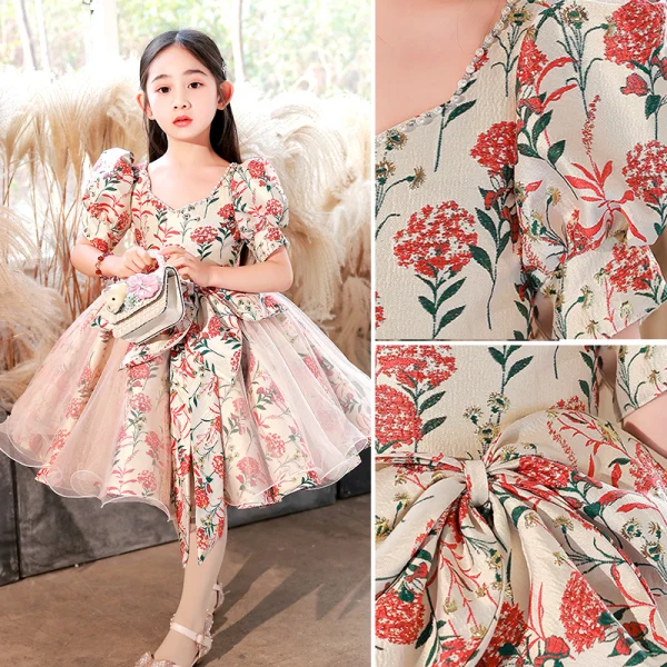 Chic / Beautiful Beige 3D Lace Prom Flower Girl Dresses 2022 Ball Gown Pearl Rhinestone Square Neckline Puffy Short Sleeve Backless Floor-Length / Long Flower Girl Dresses