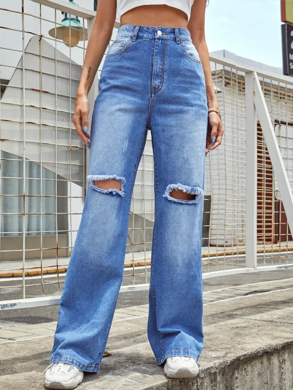 Fashion Ripped Sky Blue Women Straight Loose Jeans 2021 Cotton Pants Street Wear Bottoms