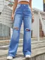 Fashion Ripped Sky Blue Women Straight Loose Jeans 2021 Cotton Pants Street Wear Bottoms