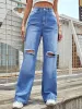 Mode Gescheurde Hemelsblauw Dames Rechte Los Jeans 2021 Katoen Broek Straatkleding Bottoms