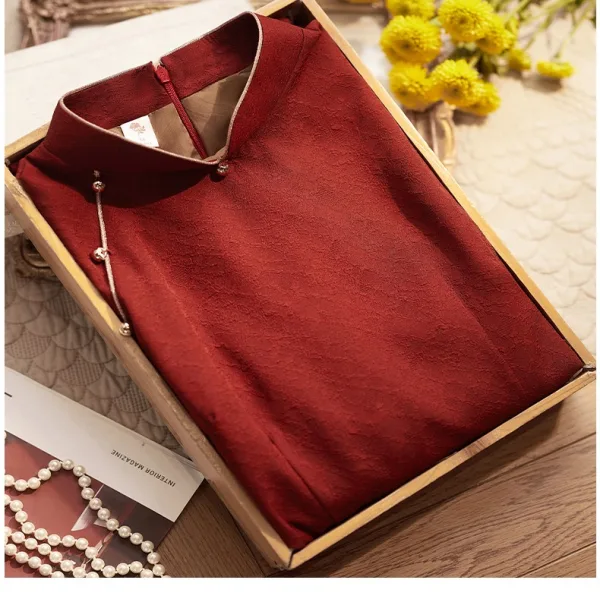 Modest  Burgundy Casual Cheongsam 2025 Trumpet / Mermaid High Neck Short Sleeve Floor-Length / Long