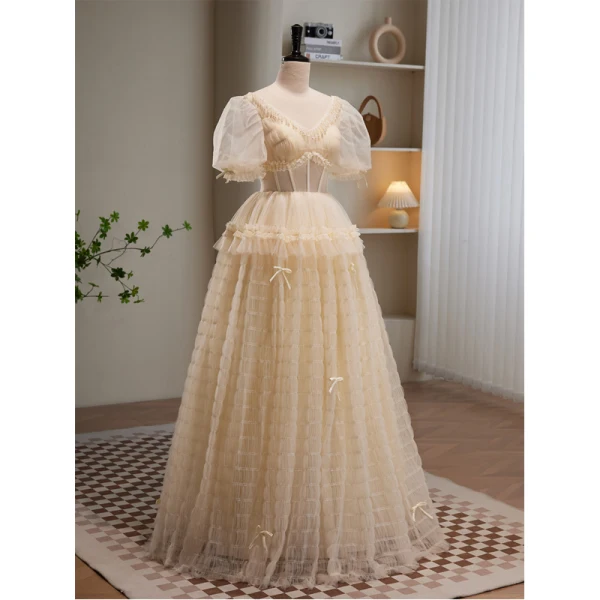 Chic / Belle Champagne Volants en Cascade Robe De Bal 2023 Princesse Perle V-Cou Manches Courtes Dos Nu Longue Promo Robe De Ceremonie
