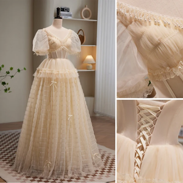 Chic / Belle Champagne Volants en Cascade Robe De Bal 2023 Princesse Perle V-Cou Manches Courtes Dos Nu Longue Promo Robe De Ceremonie
