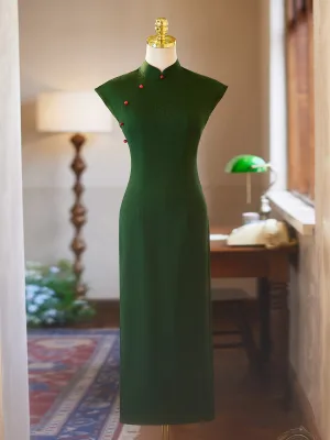 Vintage Ciemnozielony Wieczorowe Cheongsam 2025 Syrena Rozkloszowane Wysokiej Szyi Bez Rękawów Długie Cheongsam