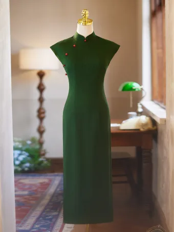 Vintage Retro Dark Green Evening Party Cheongsam 2025 Trumpet Mermaid High Neck Sleeveless Floor Length Long Cheongsam Qipao