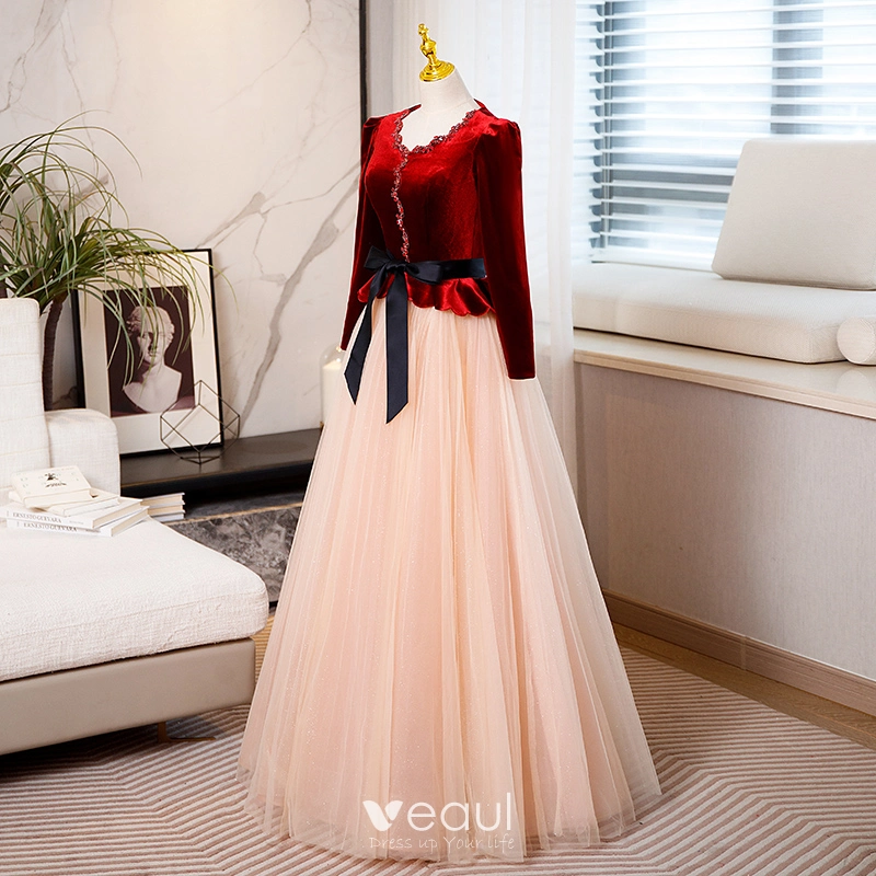 Elegant Burgundy Velour Suede Winter Prom Dresses 2023 A-Line / Princess  Scoop Neck Beading Bow Sash Long Sleeve Floor-Length / Long Prom Formal  Dresses