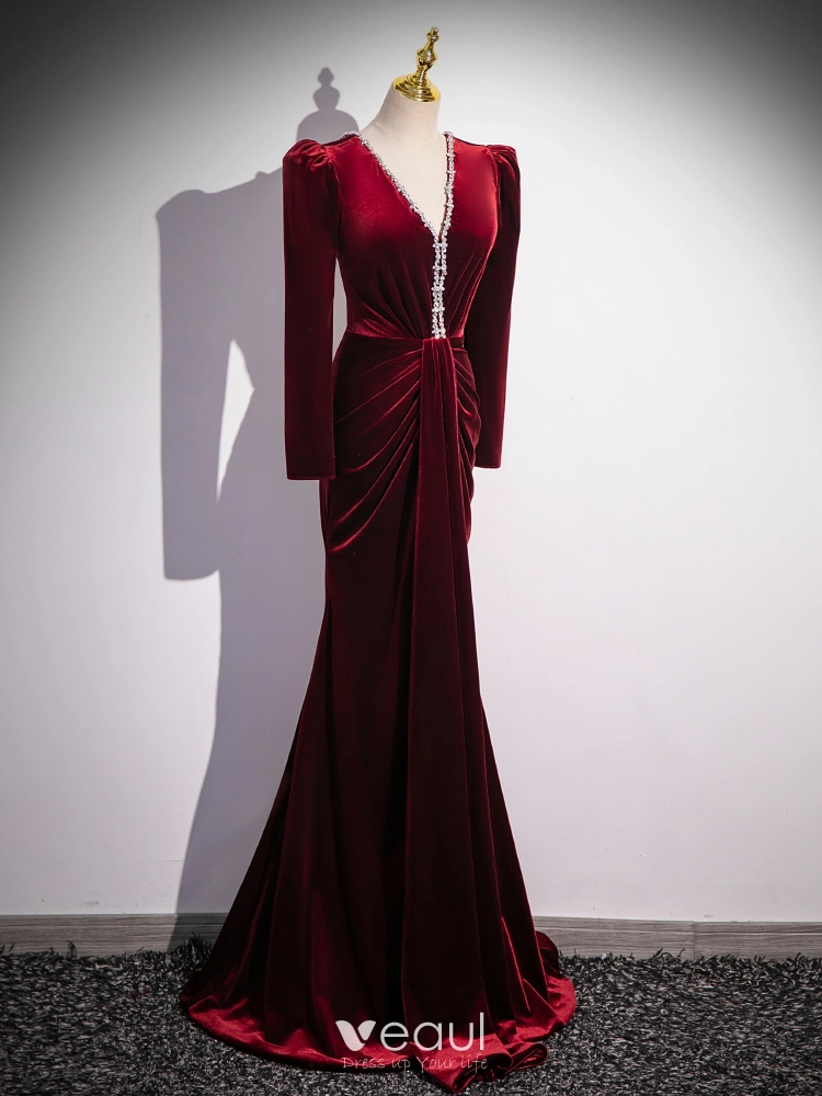 Burgundy Velvet Long Formal Dress, A-Line Short Sleeve Evening Party D