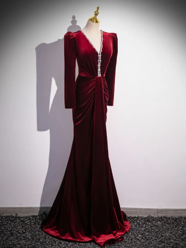 Vintage / Retro Burgundy Beading Velvet Evening Dresses 2024 Trumpet / Mermaid V-Neck Long Sleeve Backless Floor-Length / Long Evening Party Formal Dresses