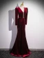 Vintage / Retro Burgundy Beading Velvet Evening Dresses 2024 Trumpet / Mermaid V-Neck Long Sleeve Backless Floor-Length / Long Evening Party Formal Dresses