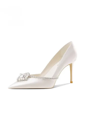 Eleganta Vita Pärla Rhinestone Läder Brudskor 2026 6 Cm Stilettklackar Spetsiga Bröllop Pumps Högklackade