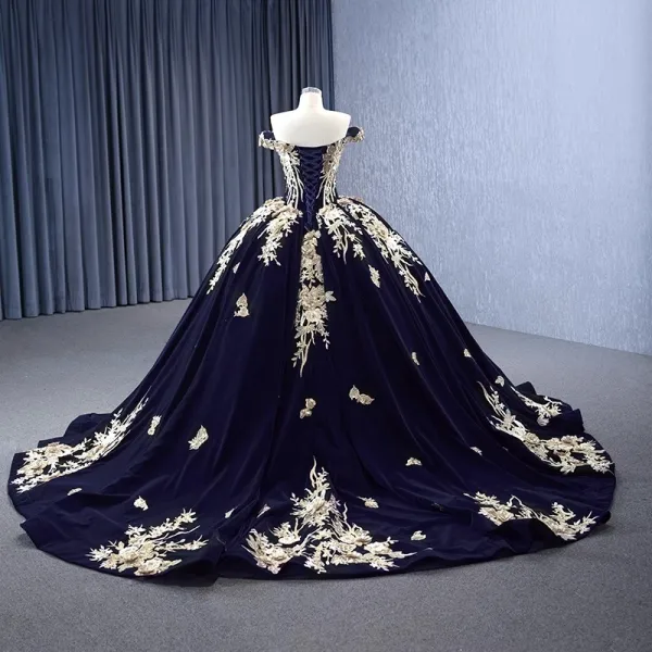 Vintage / Retro High-end Navy Blue Pearl Lace Flower Prom Dresses 2023 Ball Gown Off-The-Shoulder Sleeveless Backless Sweep Train Prom Formal Dresses