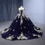 Vintage / Retro High-end Navy Blue Pearl Lace Flower Prom Dresses 2023 Ball Gown Off-The-Shoulder Sleeveless Backless Sweep Train Prom Formal Dresses