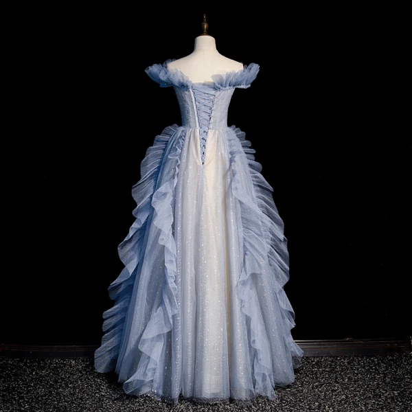 Fashion Sky Blue Ruffle Prom Dresses 2022 A-Line / Princess Off-The-Shoulder Sequins Pearl Short Sleeve Backless Floor-Length / Long Prom Formal Dresses
