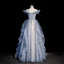 Fashion Sky Blue Ruffle Prom Dresses 2022 A-Line / Princess Off-The-Shoulder Sequins Pearl Short Sleeve Backless Floor-Length / Long Prom Formal Dresses