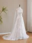 Vintage / Retro White Pearl Lace Flower Wedding Dresses 2026 A-Line / Princess Strapless Sleeveless Backless Sweep Train