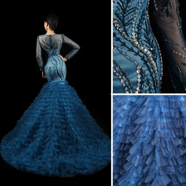 High-end Ocean Blue Handmade Beading Sequins Pierced Evening Dresses 2023 Trumpet / Mermaid Scoop Neck Long Sleeve Court Train Evening Party Formal Dresses