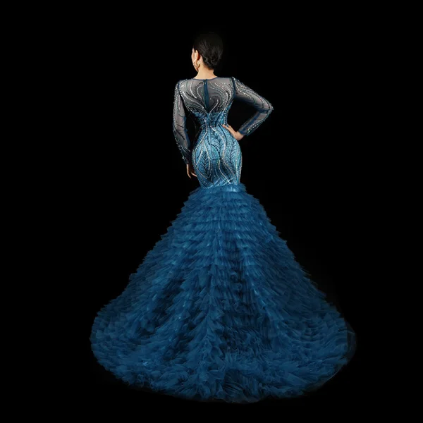 High-end Ocean Blue Handmade Beading Sequins Pierced Evening Dresses 2023 Trumpet / Mermaid Scoop Neck Long Sleeve Court Train Evening Party Formal Dresses